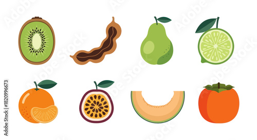 Assortment of fresh fruits kiwi tamarind pear lime orange passion fruit melon persimmon