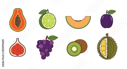 Assortment of fresh fruits papaya lime melon plum fig grapes kiwi durian