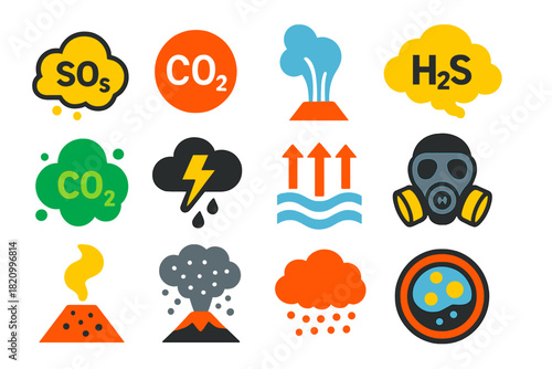 Volcanic Gas Icons. Flat vector icons of volcanic gases: sulfur dioxide cloud, carbon dioxide bubble, water vapor plume, hydrogen