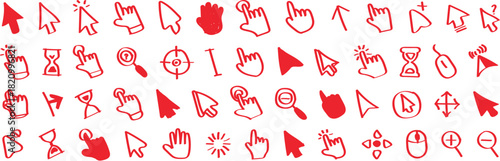 Set of computer mouse symbol. Arrow, hand, hourglass, mouse, zoom click icons. Collection of hand drawn red computer mouse cursors and icons. A grid of numerous hand-sketched red computer mouse cursor