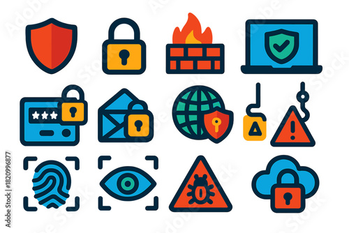Cybersecurity Icons Set. Flat vector icons of cybersecurity: shield, padlock, firewall, antivirus software, two-factor