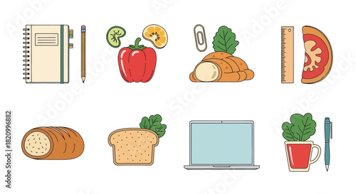 Assortment of office supplies and food items in vector illustration