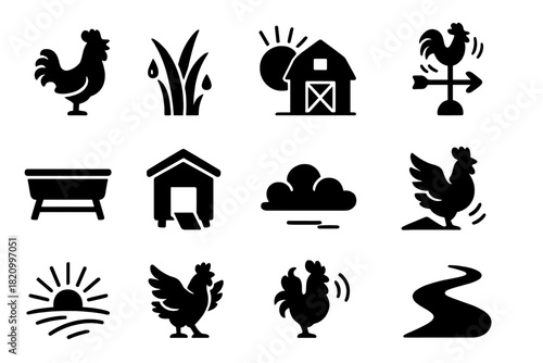 Barnyard Morning Icons. Solid style icons of Barnyard Morning: crowing rooster, dew grass, sunrise behind barn, weather vane