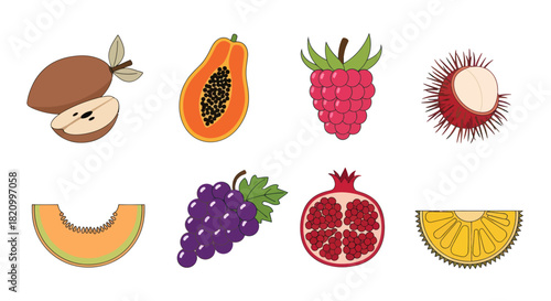 Assortment of vibrant cartoon fruit illustrations on a clean white background