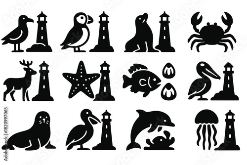 Coastal Wildlife Icons. Solid style icons of Coastal wildlife around lighthouses: seagull, puffin, sea lion, crab, coastal deer,