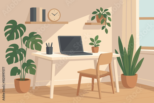 Modern Office Interior. Modern home vector illustration office interior with a clean white desk and indoor plants, illuminated by