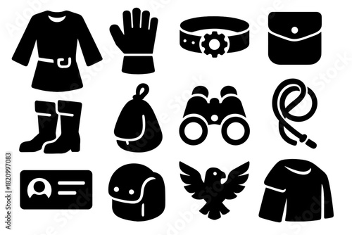 Falconer Outfit Icons. Solid style icons of Falconer Outfit: long sleeve tunic, wide glove, gear belt, utility pouch, leather