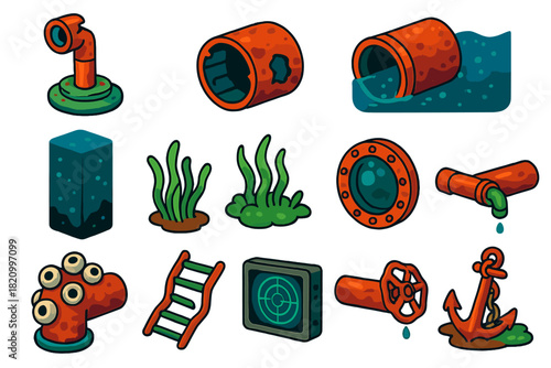 Abandoned Submarine Icons. Isometric vector illustration set Abandoned Submarine: damaged periscope, corroded hull frame, flooded