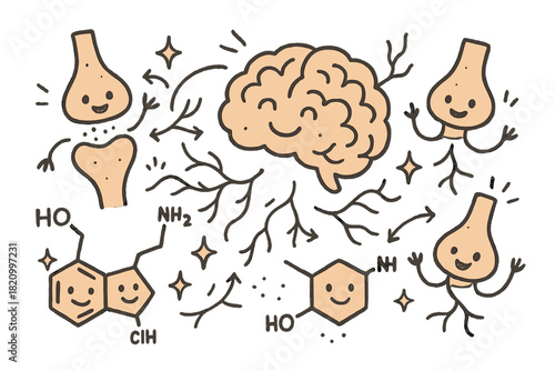 Happy Neurotransmitter Adventure. Friendly doodle neurotransmitter dynamics scene with happy serotonin and dopamine molecules,