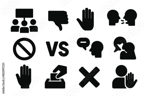 Opposition Icons. Solid style icons of Opposition: protest crowd, fist with thumbs down, blocking gesture, strong disagreement, no