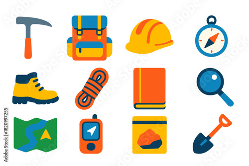 Geological Fieldwork Icons. Flat vector icons of Geological Fieldwork: rock hammer, backpack, safety helmet, compass, hiking boots