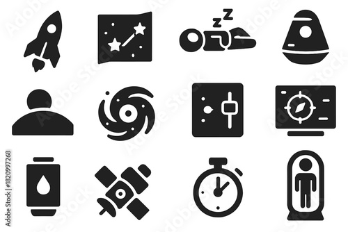 Deep Space Travel Icons. Solid style icons of Deep Space Travel: Rocket, Star Map, Sleeping Astronaut, Capsule, Planet Horizon,