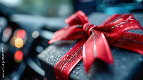 A black gift box wrapped with a glossy red ribbon resting on a car dashboard, covered with raindrops and illuminated by soft lights