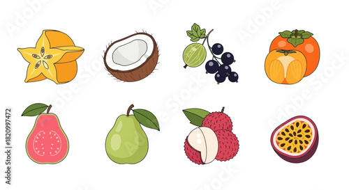 Assortment of vibrant fruits in a row against a clean white background