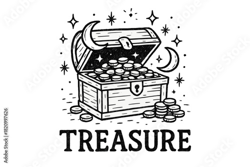 Black and white drawing of a treasure chest with a lot of gold coins inside