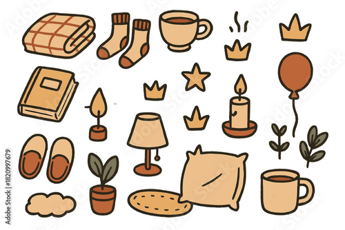 Collection of items that are related to a cozy and comfortable atmosphere