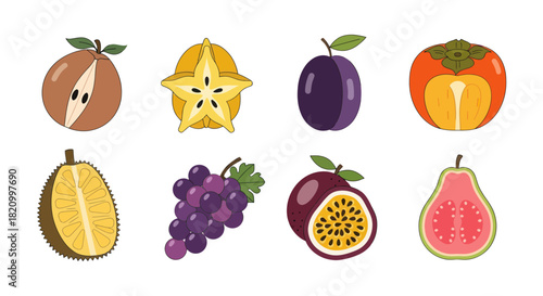 Assortment of vibrant stylized fruit illustrations on white background
