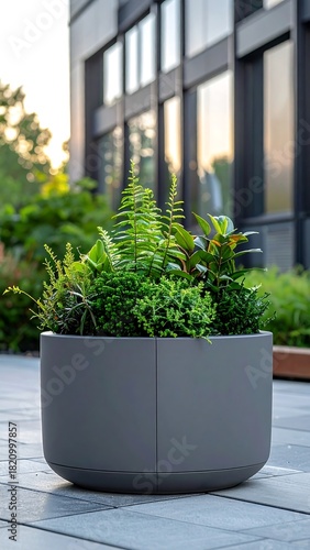 Lush Green Ferns in a Modern Gray Planter on a Patio.