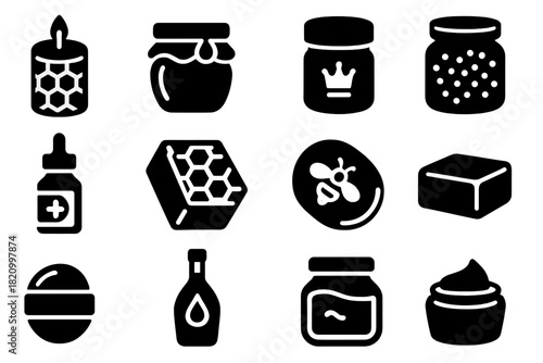 Honey Products Icons. Solid style icons of Honey Products: beeswax candle, honey jar, royal jelly container, pollen jar, propolis