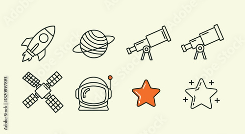 Astronomy and space exploration icons rocket planets telescopes stars