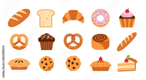 Bakery items collection bread pastries and baked goods vector illustration