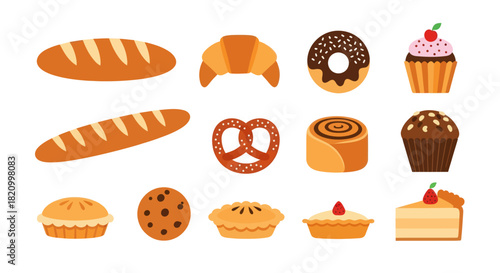 Bakery items illustration various bread pastries desserts isolated white