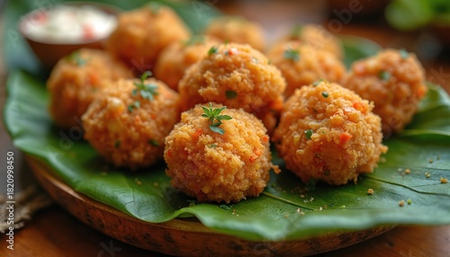 Fototapeta Naklejka Na Ścianę i Meble -  Acaraje served on wooden plate, garnished with herbs. Traditional street food from Brazil. Crispy, deep fried balls. Dish include shrimp, vatapa, caruru. Gourmet cuisine with green leaf background.