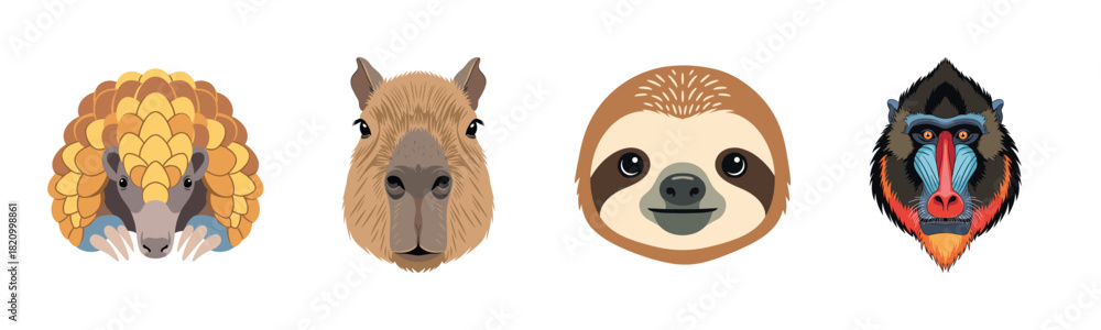 Fototapeta premium Cartoon faces of pangolin, capybara, sloth, and mandrill on white background