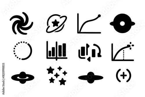 Galactic Rotation Icons. Solid style icons of galactic rotation: spiral galaxy arms, orbiting star path, velocity curve graph,