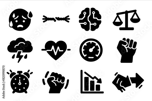 Competitive Stress Icons. Solid style icons of competitive stress: sweating face, tension rope, overclocked brain, broken balance,