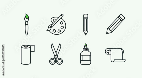 Art supplies illustration brush palette pencil scissors glue paper roll