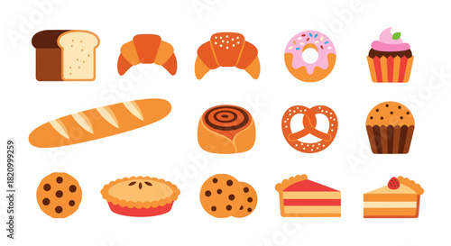 Assorted baked goods collection bread pastries desserts in vector illustration