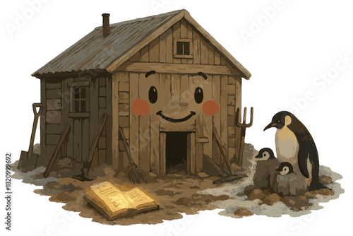 Antarctic Historic Haven. Historic hut with old tools smiling, explorers’ journals glowing, and penguins nesting nearby No text,