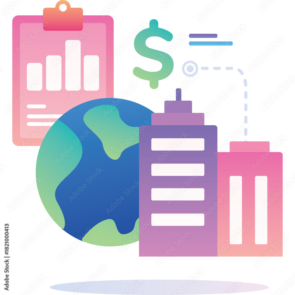 Obraz premium Financial Growth And Global Business Expansion Concept With Buildings And Earth Globe Illustration In Gradient Colors And Transparent Background