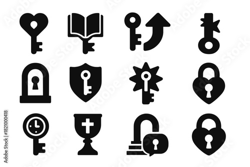 Symbolic Key Icons. Solid style icons of Symbolic key meanings: key to heart, key of knowledge, unlocking potential, door to the