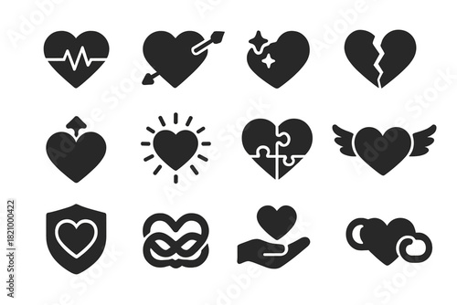 Heart Icon Variations. Solid style icons of heart variations: beating heart, pierced heart, sparkling heart, shattered heart,