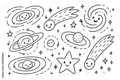 Cosmic Cartoon Adventure. Magical doodle interstellar origin study with smiling comets, cartoon orbital maps, cheerful stars and