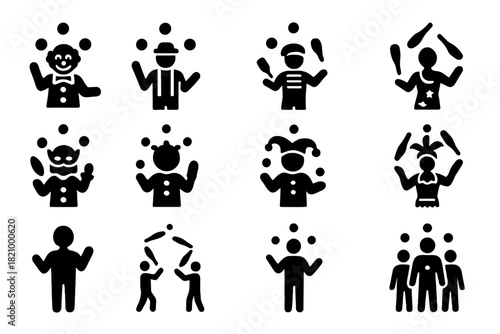 Juggling Icons Collection. Solid style icons of Juggler Characters: clown juggling, street performer, mime juggling, circus artist