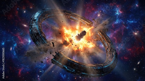 Fototapeta Naklejka Na Ścianę i Meble -  A circular space station exploding with debris in a colorful nebula filled with distant stars