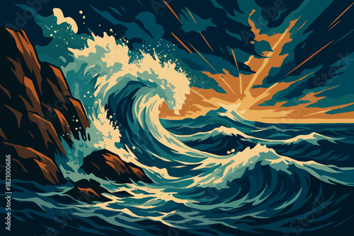 Dramatic Coastal Waves. Dynamic shot of waves crashing on a rocky shoreline under dramatic lighting, powerful and bold tones,