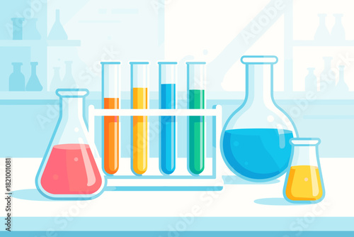 Colorful Laboratory Illustration. Bright laboratory scene with colorful test tubes and beakers, clean and modern composition,