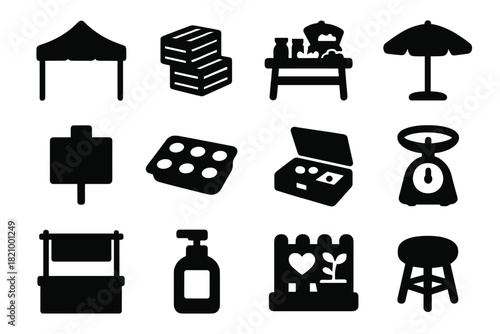Vendor Booth Icons. Solid style icons of Vendor Booths: canopy tent, stacked crates, table display, umbrella shade, price sign,