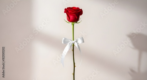 Wallpaper Mural A single red rose with a white bow tied around the stem against a neutral background with shadows Torontodigital.ca