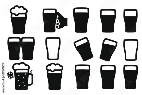 Variety of Pint Icons. Solid style icons of Pints: pint with foam, pint in hand, full pint, half pint, double pint, empty pint,