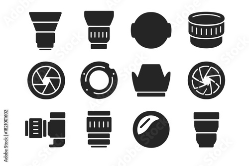 Camera Lens Icons. Solid style icons of Camera Lenses: wide lens, telephoto lens, lens cap, zoom ring, aperture blades, lens mount