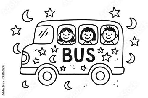 Black and white drawing of a bus with three children in the front