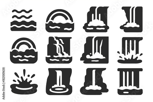 Waterfall Icon Set. Solid style icons of Waterfall features: rapids, pool, mist, rainbow, cascading water, rock ledge, water spray