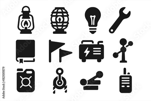 Lighthouse Tool Icons. Solid style icons of Lighthouse operation tools: oil lamp, rotating lens, light bulb, maintenance wrench,