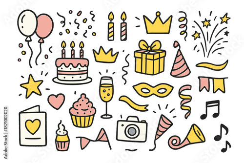 Bunch of cartoon drawings of birthday party items like balloons, cake, candles