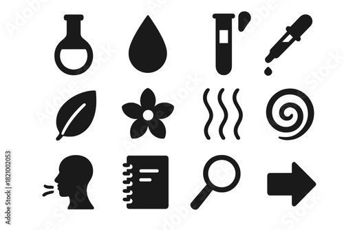 Perfume Creation Icons. Solid style icons of creating novel scents and perfumes: flask, droplet, test tube, pipette, leaf, flower,